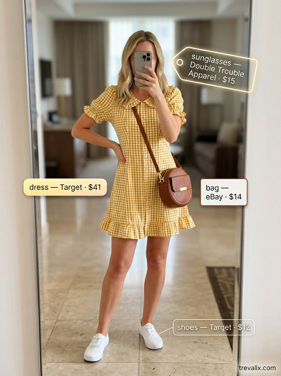 Mustard yellow gingham sundress, white sneakers, and cat-eye sunglasses for summer road trip outfits for women 2026.