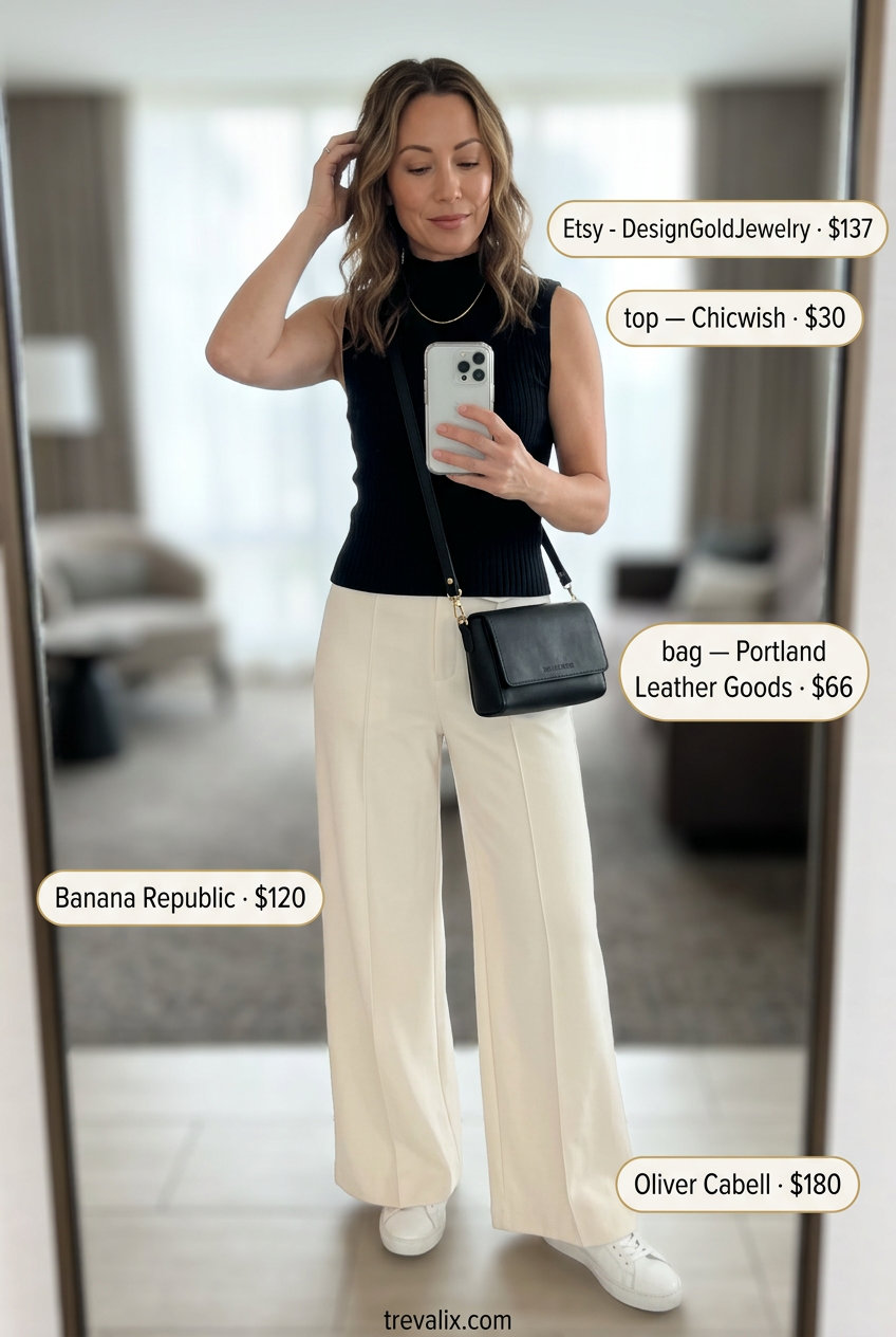 Chic summer road trip outfits for women 2026: wide leg pants, mock neck top, leather bag.