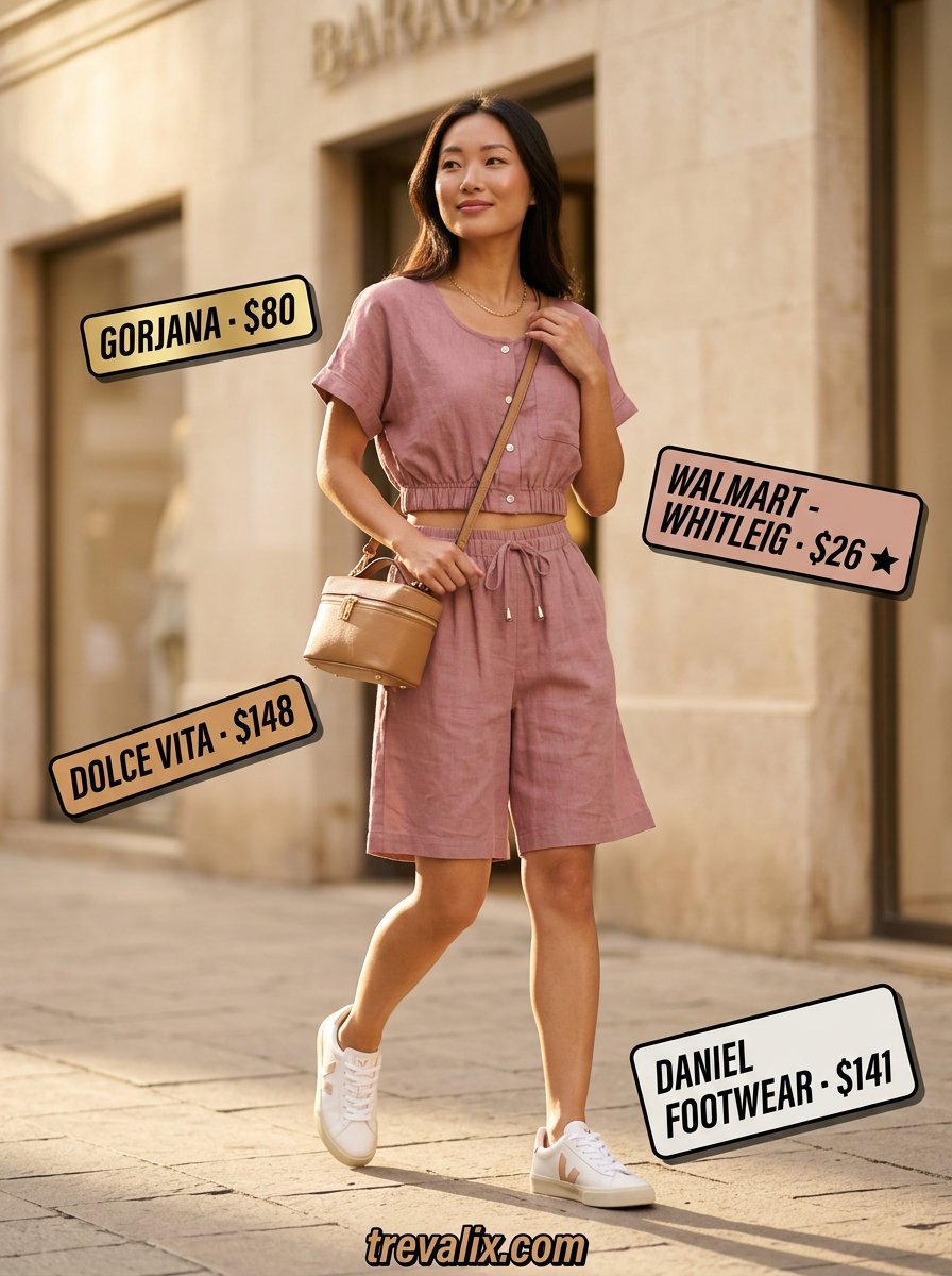 Chic blush pink linen blend matching set with scoop neck top for summer Scoop Neck outfits for women 2026. Brunch outfit.