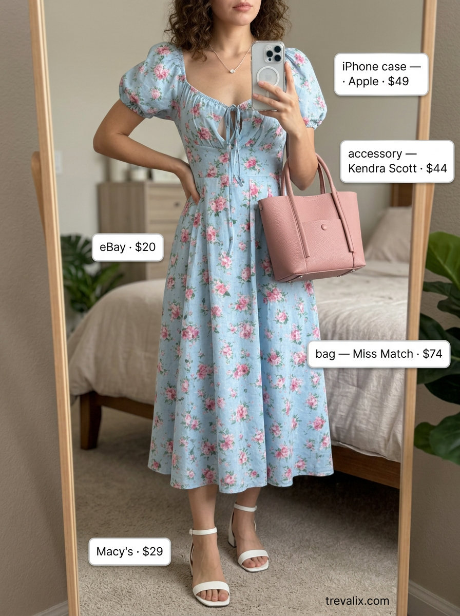 Feminine pastel blue floral scoop neck midi dress for summer Scoop Neck outfits for women 2026. Garden party attire.