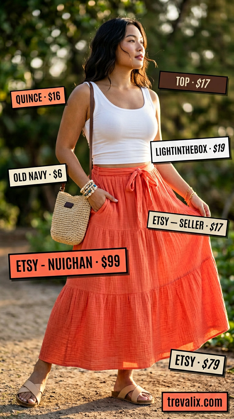 Ethereal coral tiered maxi skirt with white scoop neck top for summer Scoop Neck outfits for women 2026. Beach vacation style.