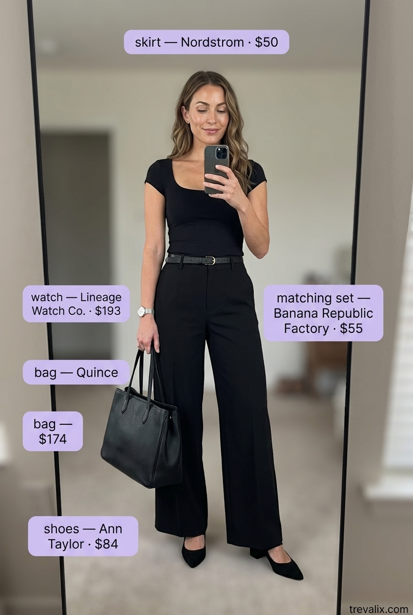 Sophisticated black wide-leg pants and scoop neck top for summer Scoop Neck outfits for women 2026. Office wear with silver accessories.