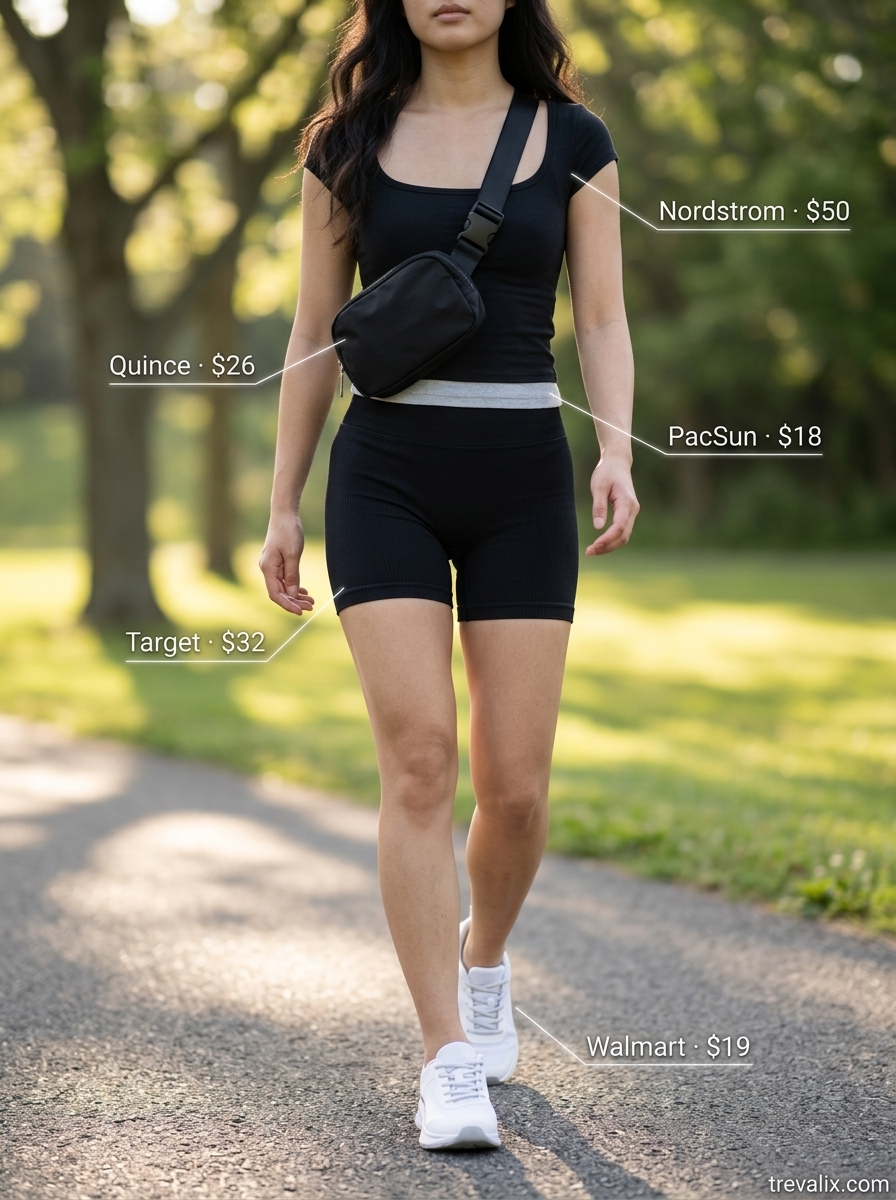 Athleisure Comfort Set: Grey scoop neck crop top, biker shorts, sneakers & belt bag. Summer Scoop Neck outfits for women 2026.