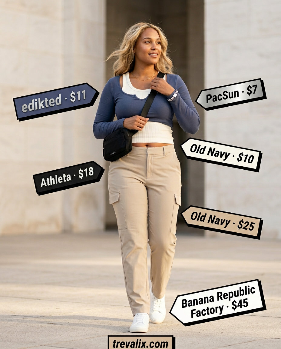 White scoop neck tank with beige cargo pants for summer Scoop Neck outfits for women 2026 casual.