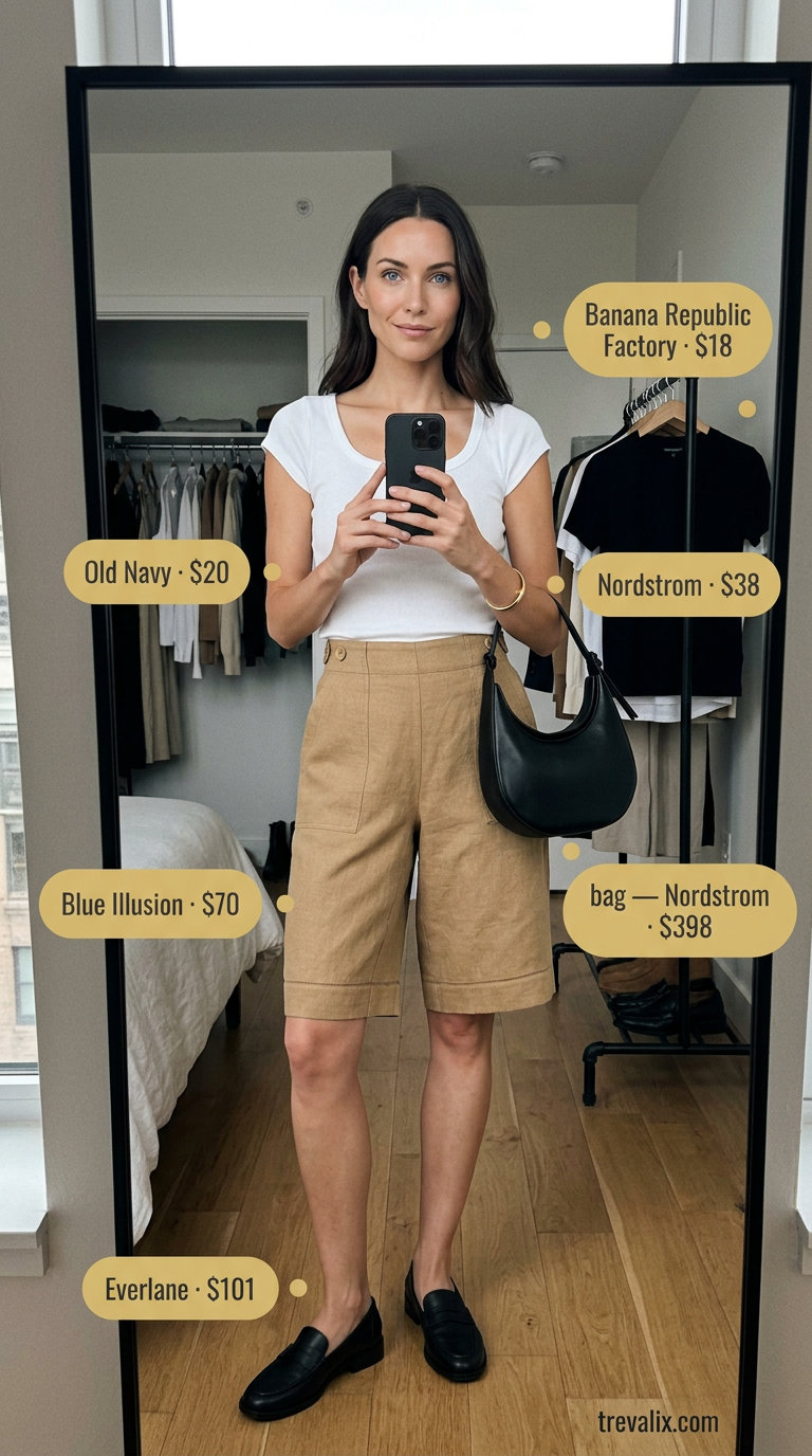 White scoop neck knit top with camel linen shorts for summer Scoop Neck outfits for women 2026 city.