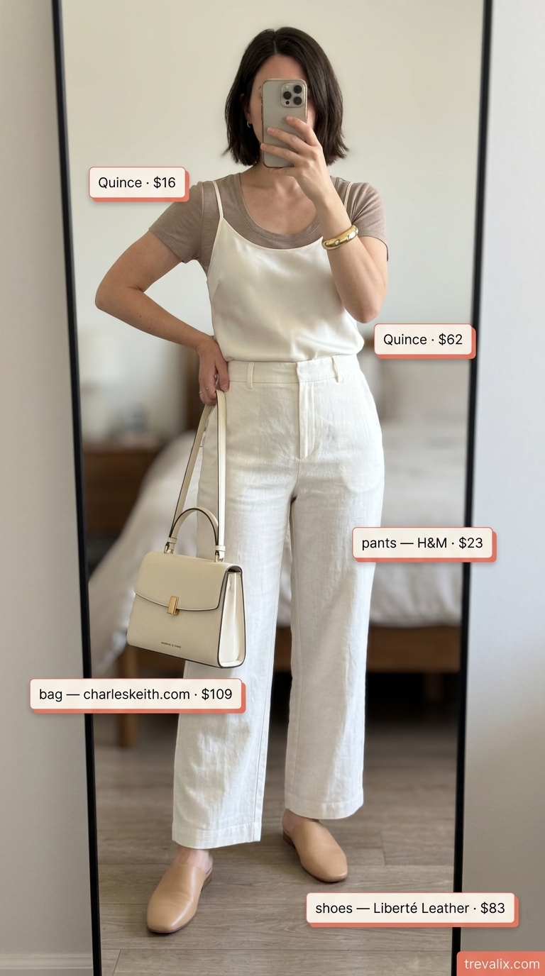 Monochrome Minimalist: Cream scoop neck top, beige wide-leg pants, leather mules & bag. Summer Scoop Neck outfits for women 2026.