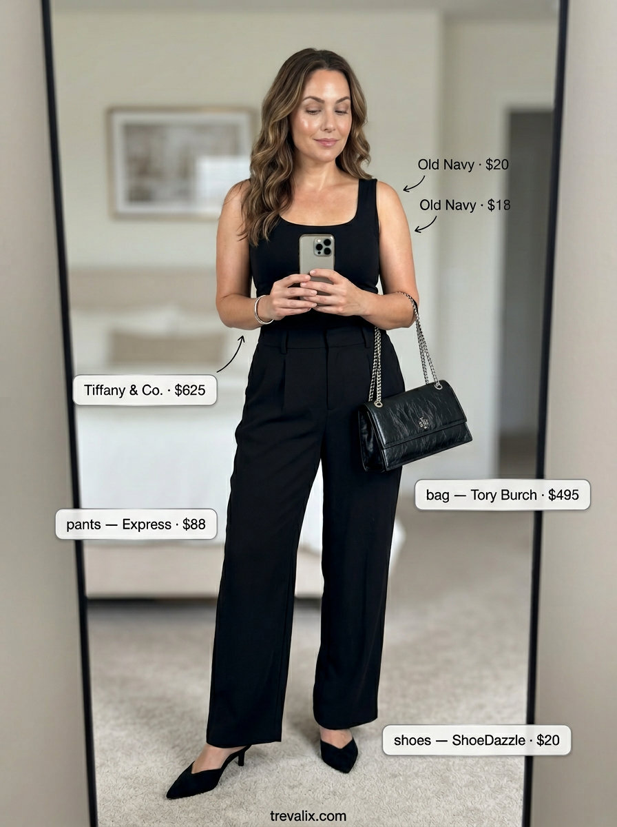 Black scoop neck t-shirt with wide-leg trousers for summer Scoop Neck outfits for women 2026 evening.