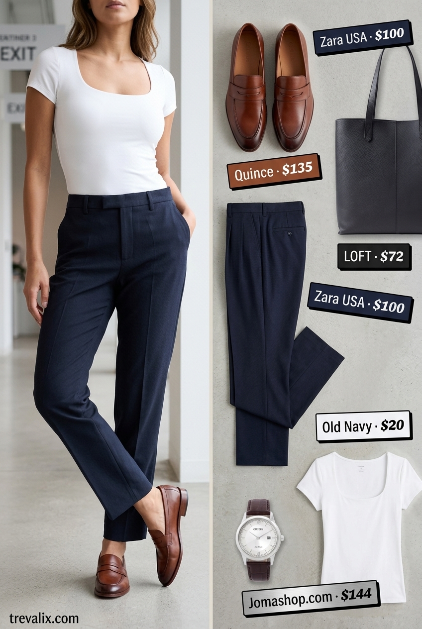 White scoop neck t-shirt with navy trousers for summer Scoop Neck outfits for women 2026 office.