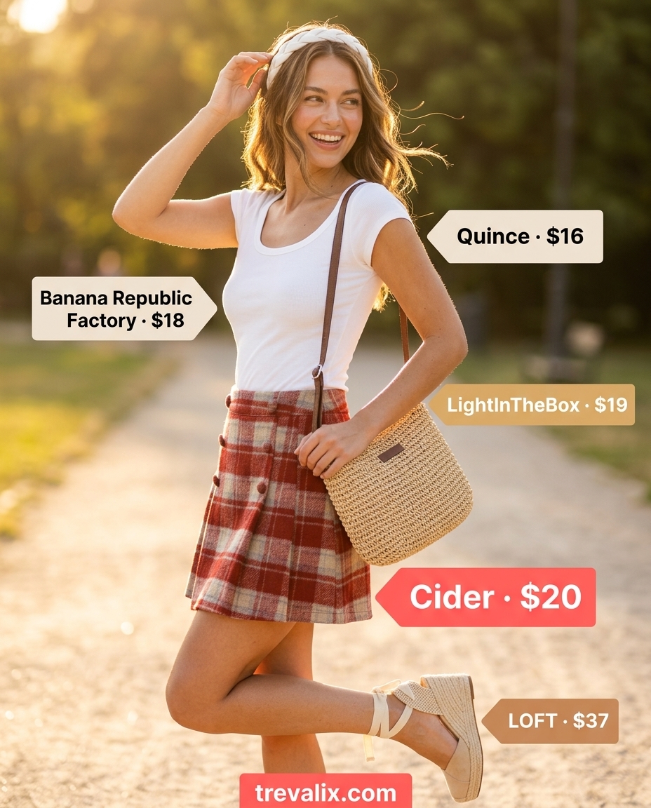 Playful Picnic Ready: Red gingham skirt, white scoop neck tee, espadrilles & straw bag. Summer Scoop Neck outfits for women 2026.