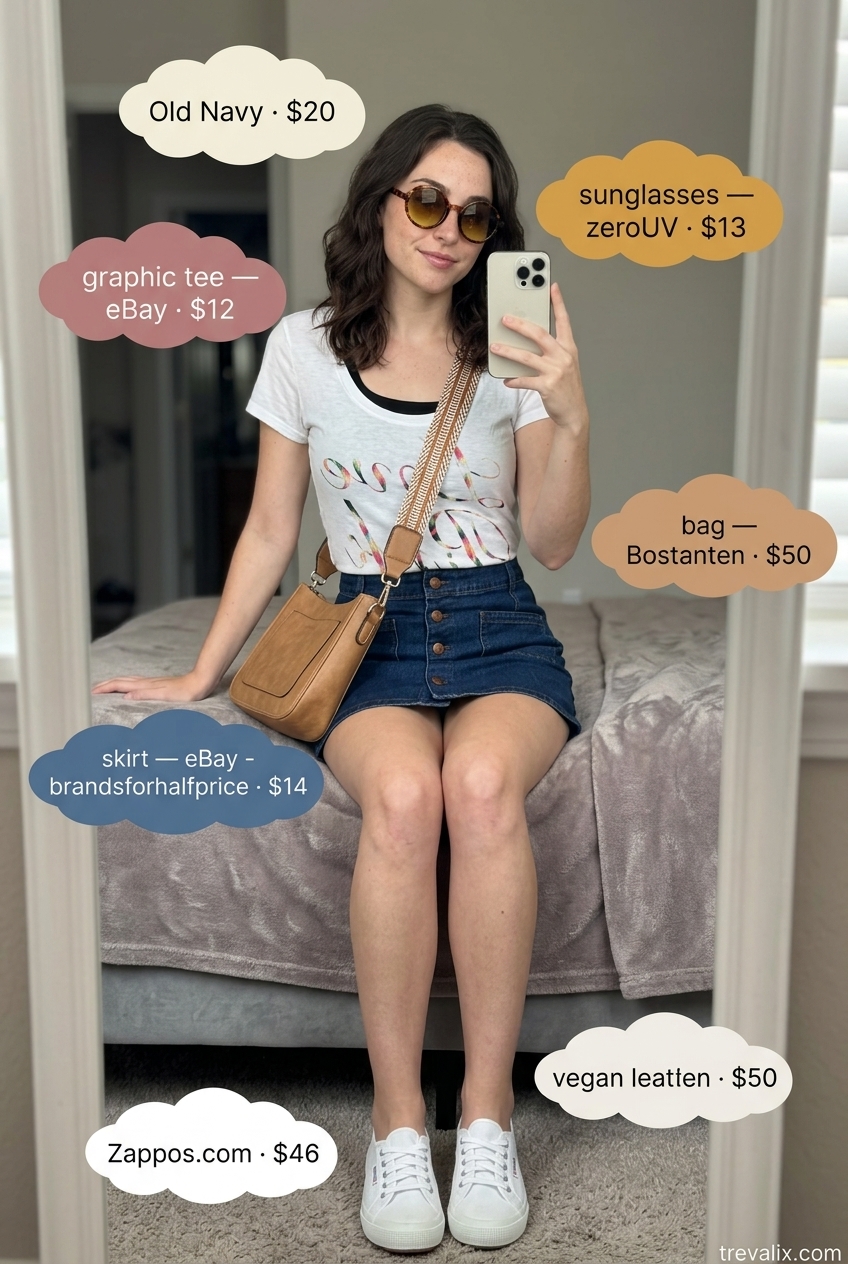 Retro Denim Mini: Graphic scoop neck tee, denim mini skirt, sneakers & crossbody. Summer Scoop Neck outfits for women 2026.