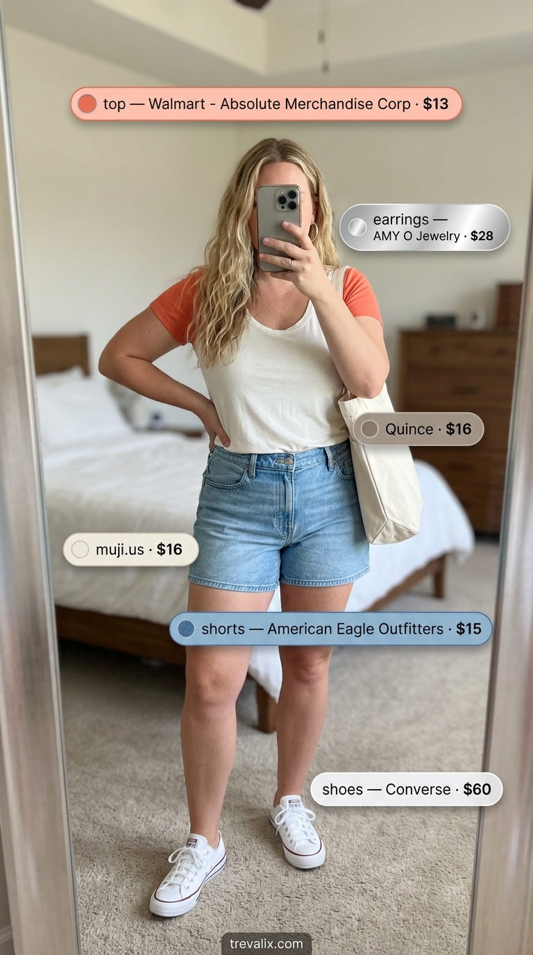 Weekend Explorer: Coral scoop neck tee, denim shorts, white sneakers & tote. Summer Scoop Neck outfits for women 2026.