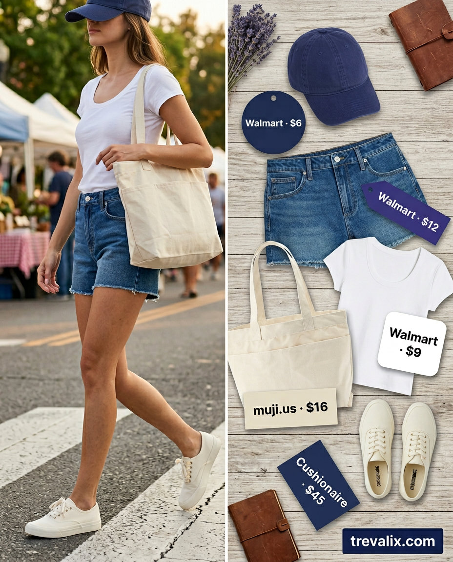 Weekend Market Casual: White scoop neck tee, denim shorts, canvas tote & cap. Summer Scoop Neck outfits for women 2026.