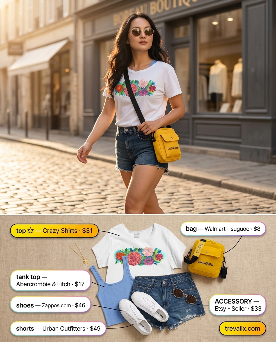 Weekend Market Explorer: Graphic scoop neck tee, denim shorts, crossbody bag. Summer Scoop Neck outfits for women 2026.