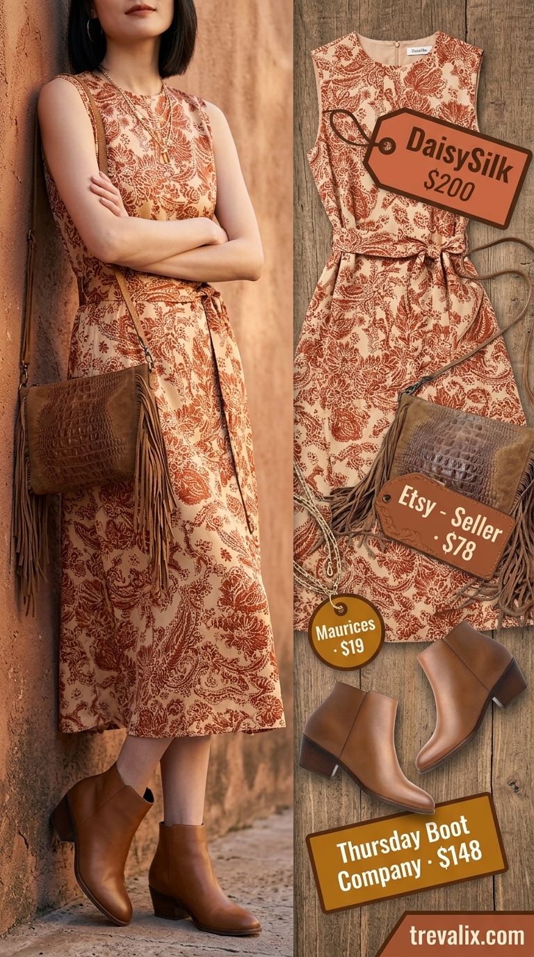 Terracotta paisley print midi shirt dress for women 2026, for boho chic events with ankle boots and layered necklaces.