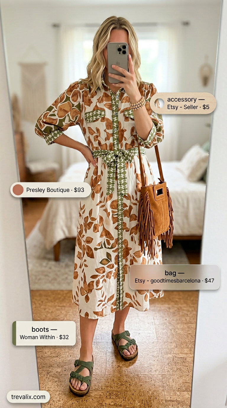 Terracotta and olive green print midi shirt dress for women 2026, for boho summer festivals with fringe bag and flat sandals.