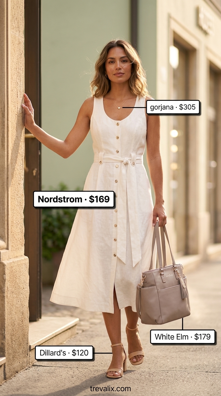 Ivory linen midi shirt dress for women 2026, styled for elegant casual and summer office with leather sandals and a tote.