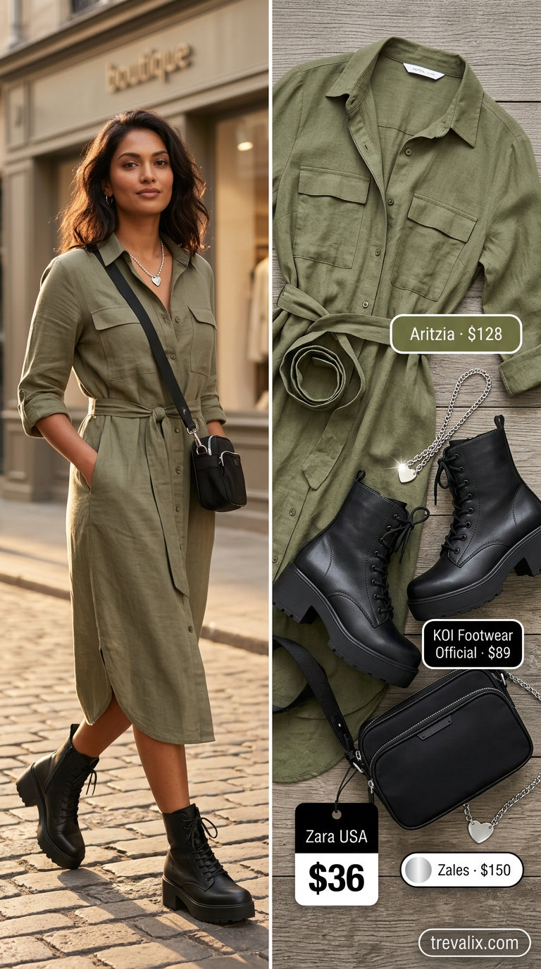Olive green utilitarian shirt dress for women 2026, styled for city exploration with combat boots and silver jewelry.