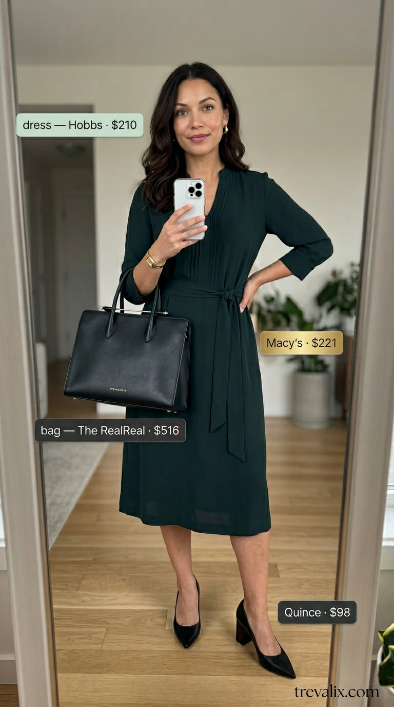 Forest green midi shirt dress for women 2026, ideal for work and business casual with black leather accessories.