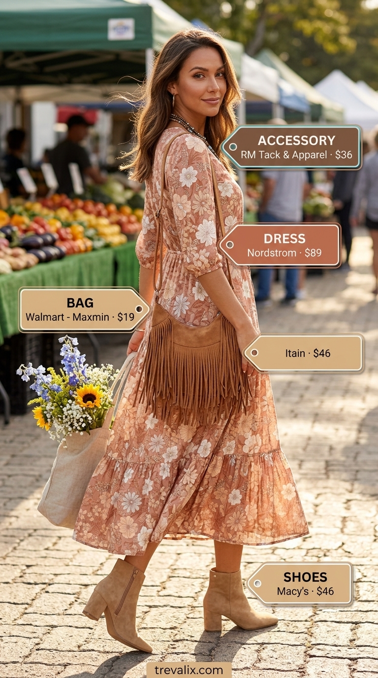 Floral print shirt dress for women 2026, boho chic for festivals. Flowy style with suede boots and fringe crossbody bag.