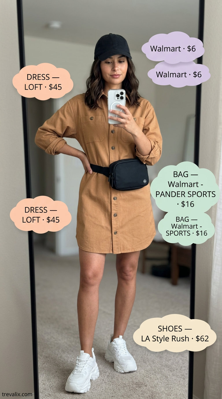 Beige oversized shirt dress for women 2026, casual and cool for errands. Comfortable style with chunky sneakers and belt bag.