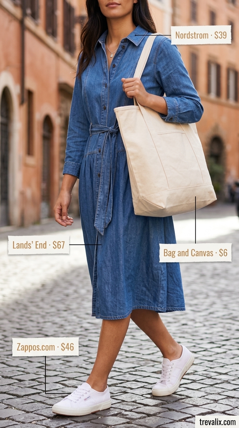 Casual medium wash denim shirt dress for women 2026, with white sneakers and a canvas tote.