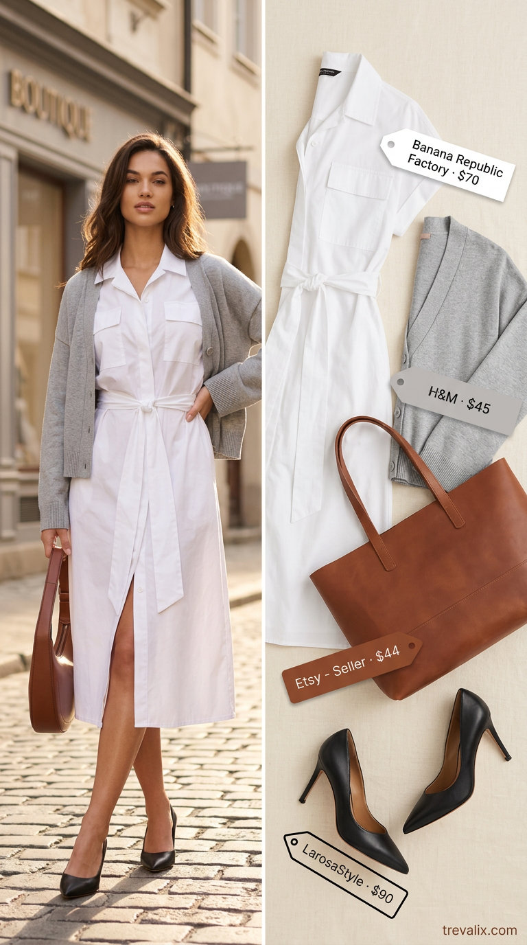 Chic white shirt dress for women 2026, styled for the office with a camel tote and knit cardigan.