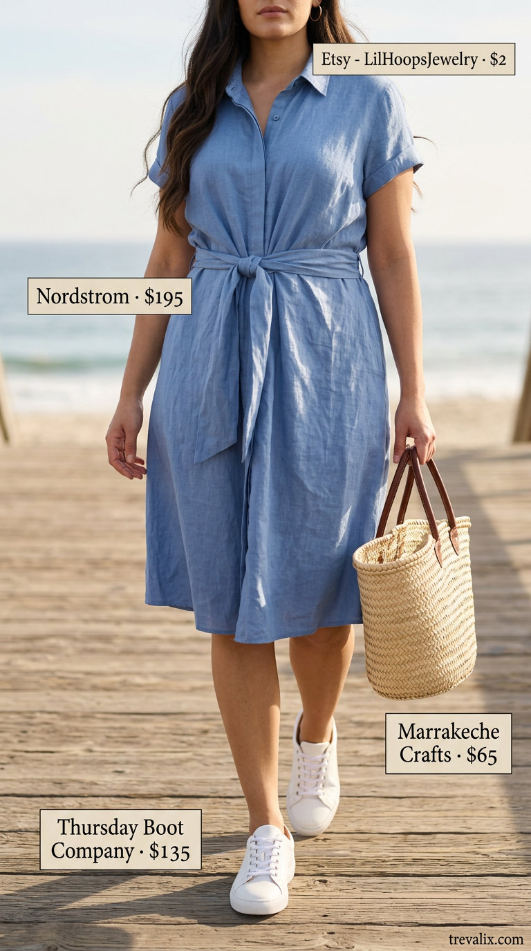 Sky blue linen shirt dress for women 2026, perfect for casual days. Effortless style with white sneakers and a straw tote.