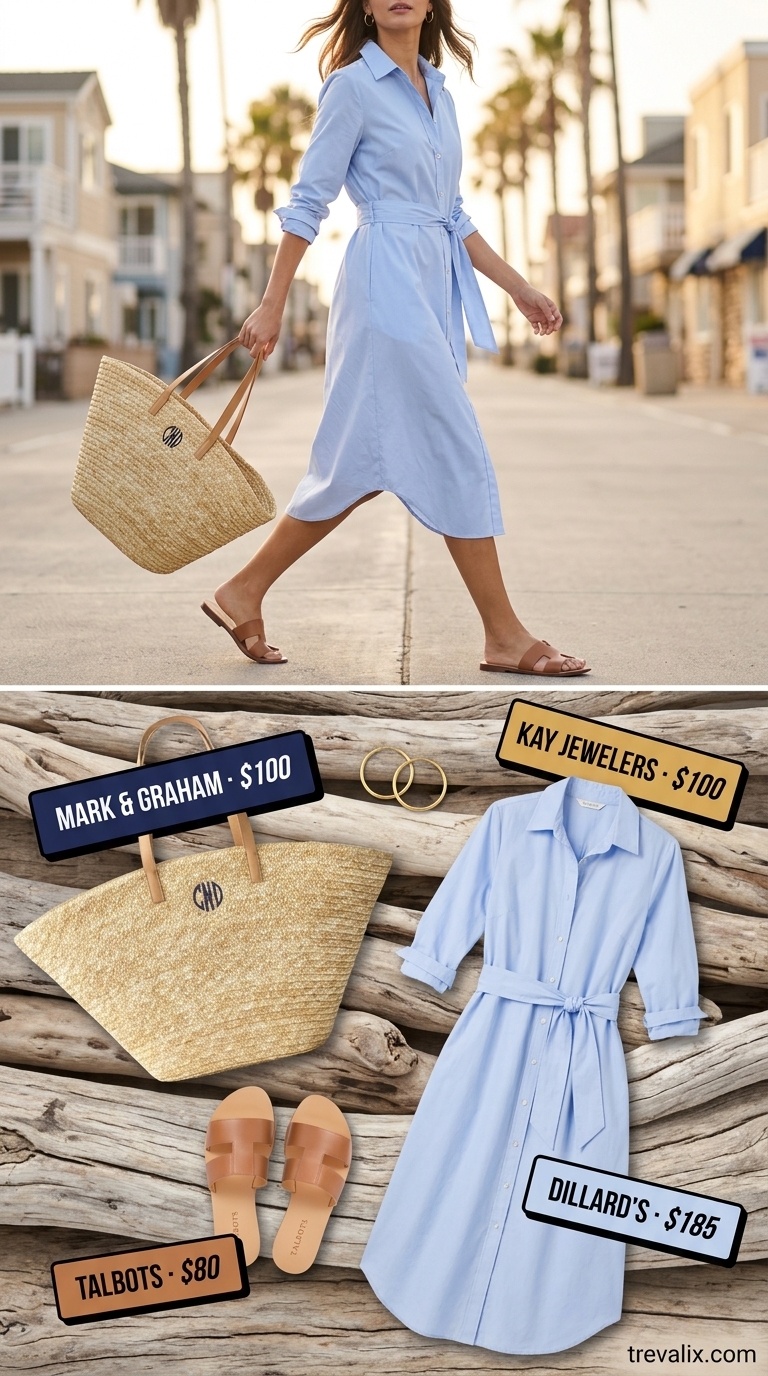 Sky blue shirt dress for women 2026, perfect for beach days and casual brunch. Effortless style with tan slides and straw tote.