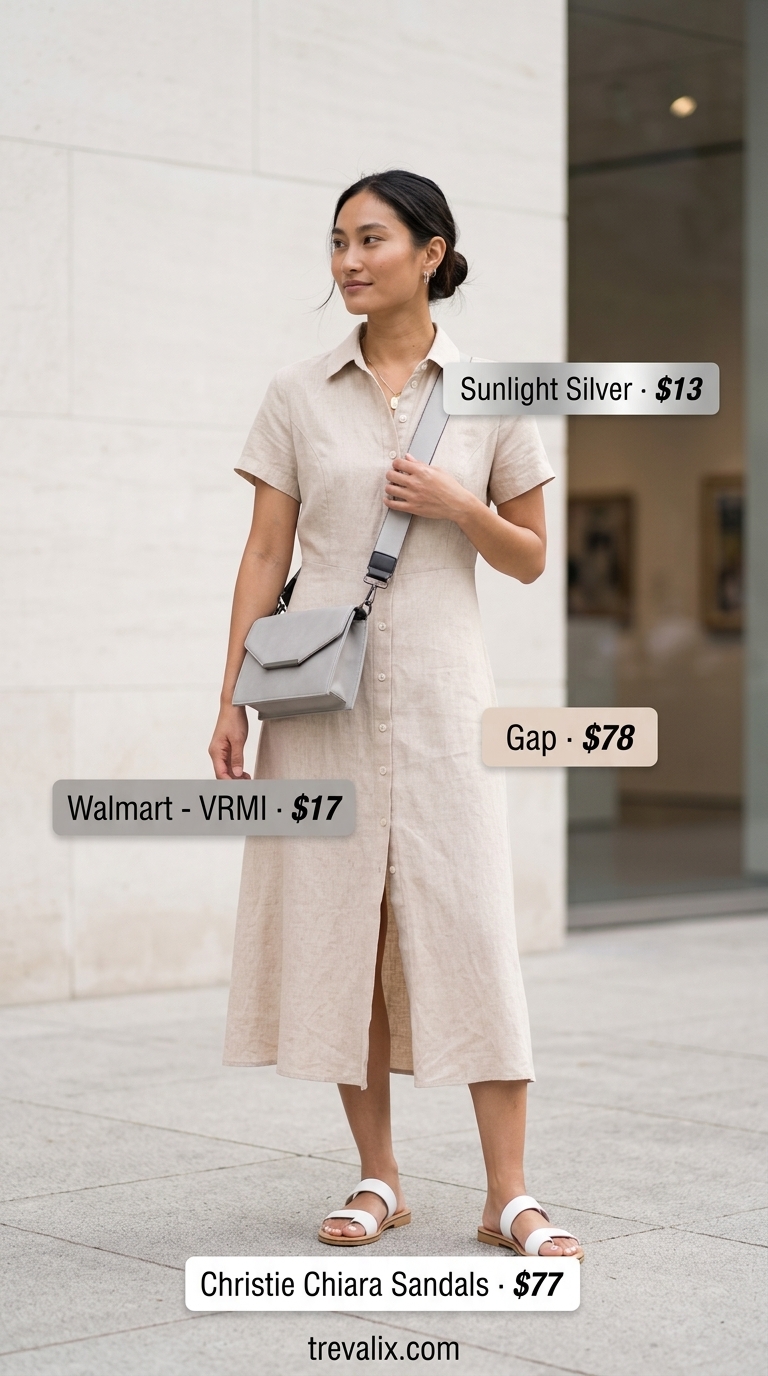 Minimalist beige linen shirt dress for women 2026, with silver sandals and a metallic crossbody bag.