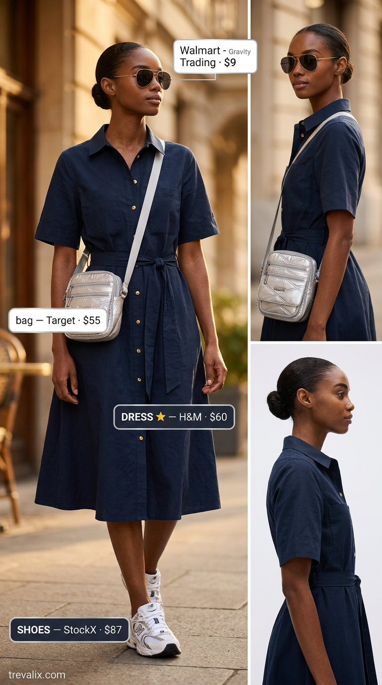 Sporty navy blue shirt dress for women 2026, styled with white sneakers and a silver crossbody bag.
