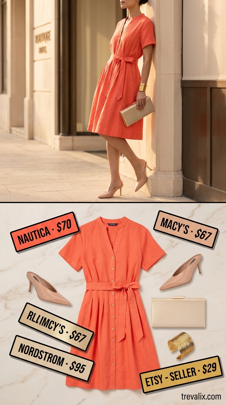 Coral orange shirt dress for women 2026, vibrant for sunset dinners. Sophisticated style with nude mules and gold cuff bracelet.