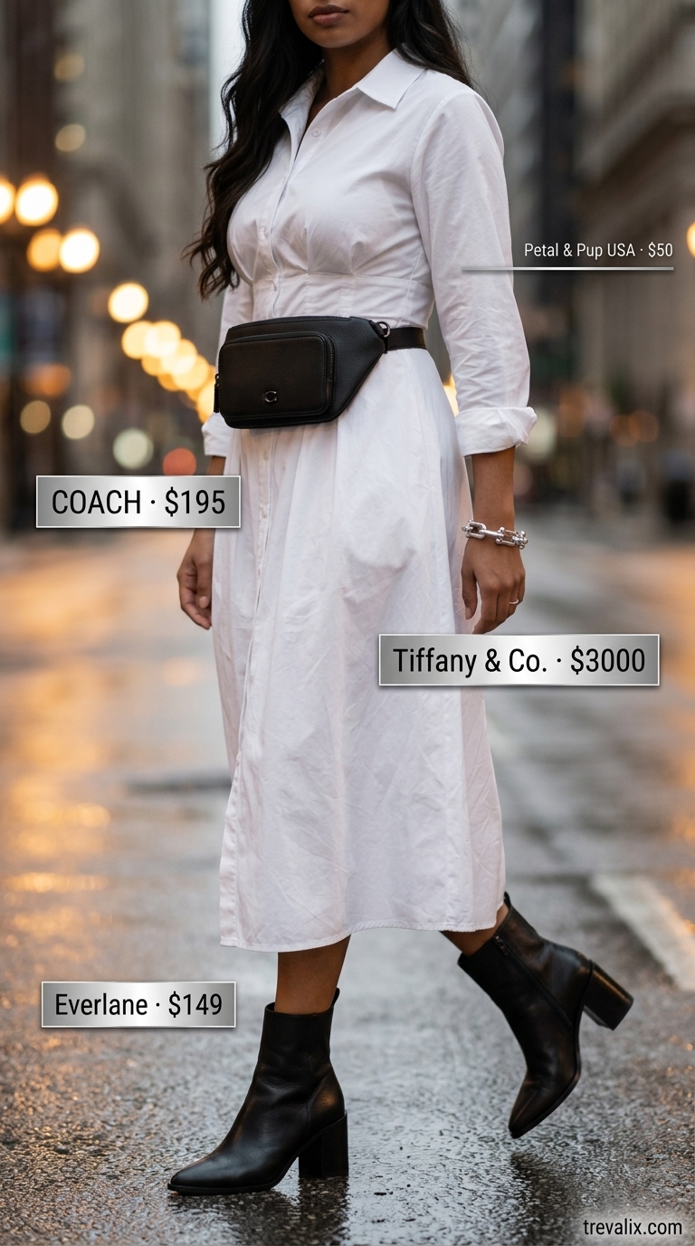 White crisp shirt dress for women 2026, chic and modern for city exploration or evening drinks. Edgy style with ankle boots.