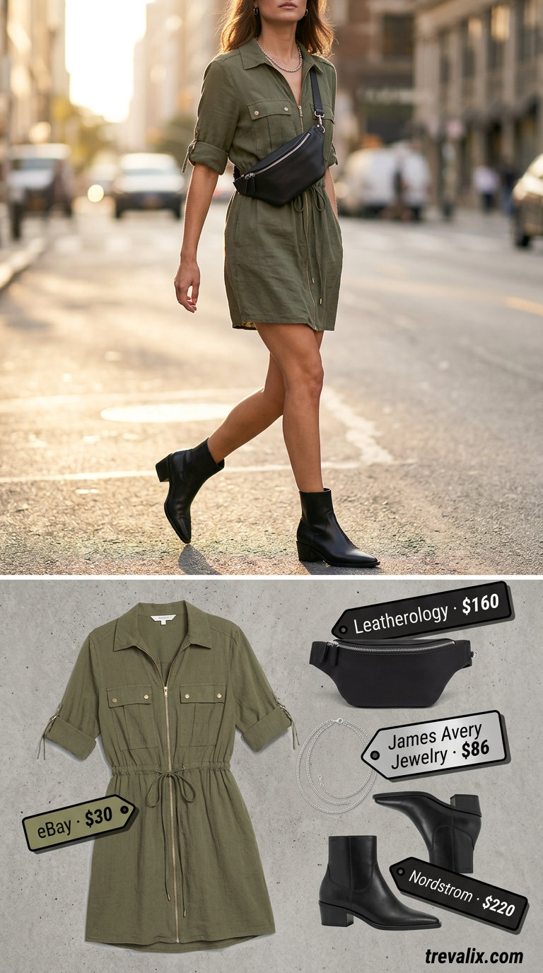 Olive green utility shirt dress for women 2026, modern and practical for city sightseeing or casual work. Edgy style with leather boots.