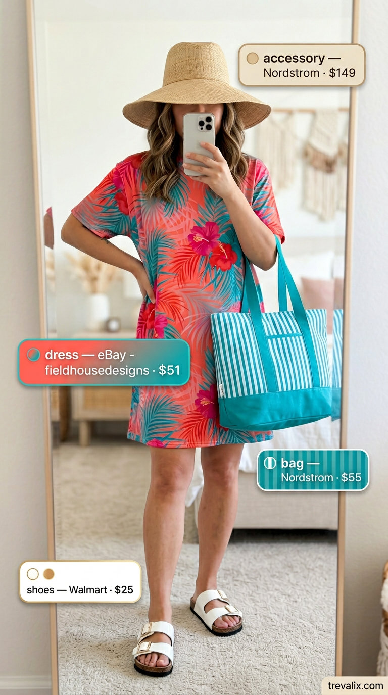 Coral shirt dress for women 2026, vibrant tropical print for vacation. Great as a beach cover-up with a straw hat and canvas tote.