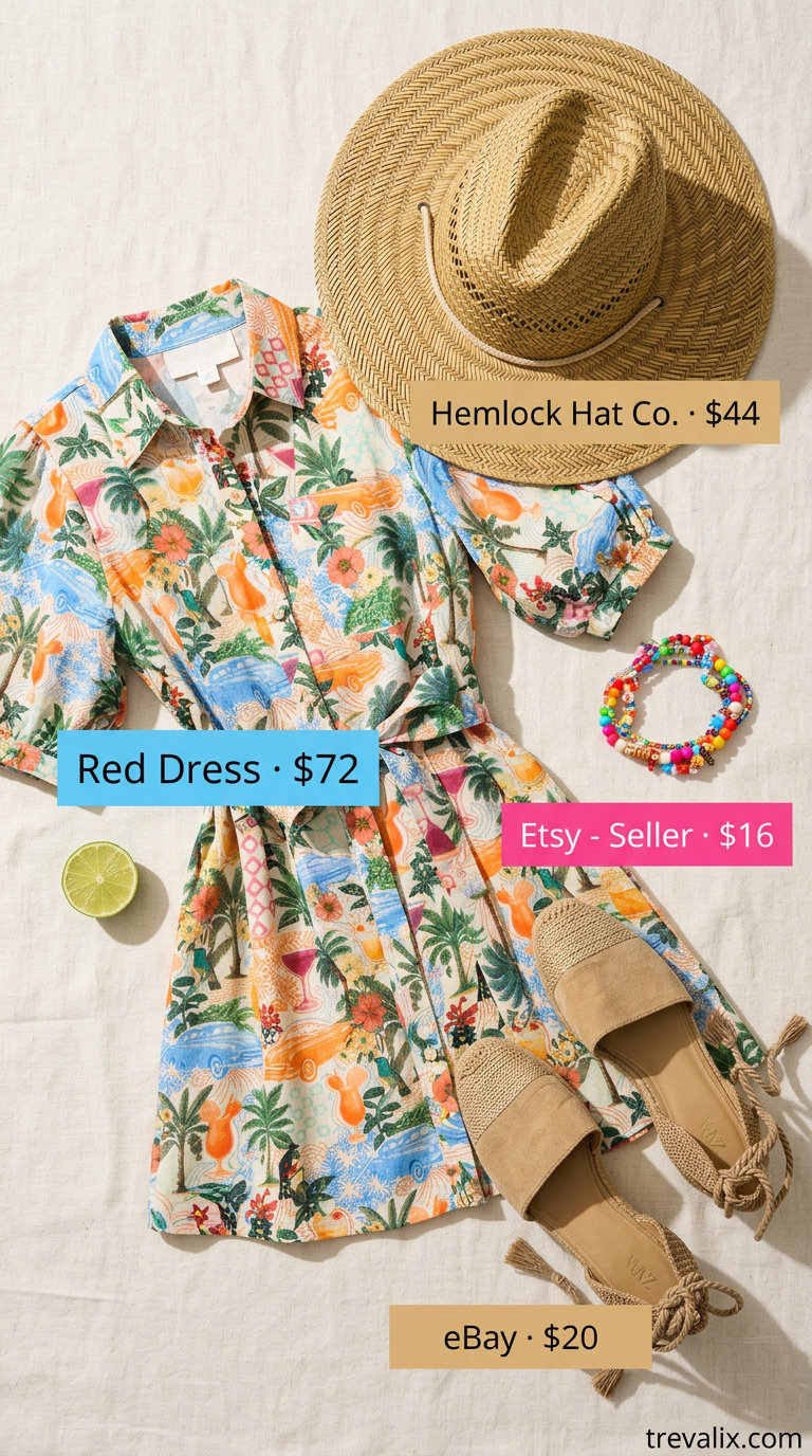 Vacation-ready multicolor tropical shirt dress for women 2026, with straw hat and espadrilles.