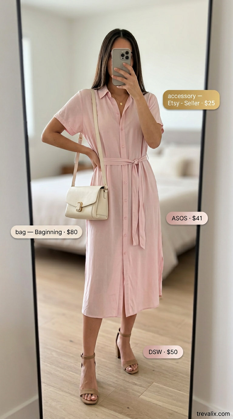 Blush pink shirt dress for women 2026, ideal for weekend brunch. Chic and feminine with block heels and a structured shoulder bag.