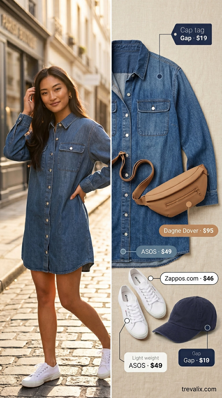 Casual medium wash denim shirt dress for women 2026, perfect for a weekend getaway with a tan belt bag.