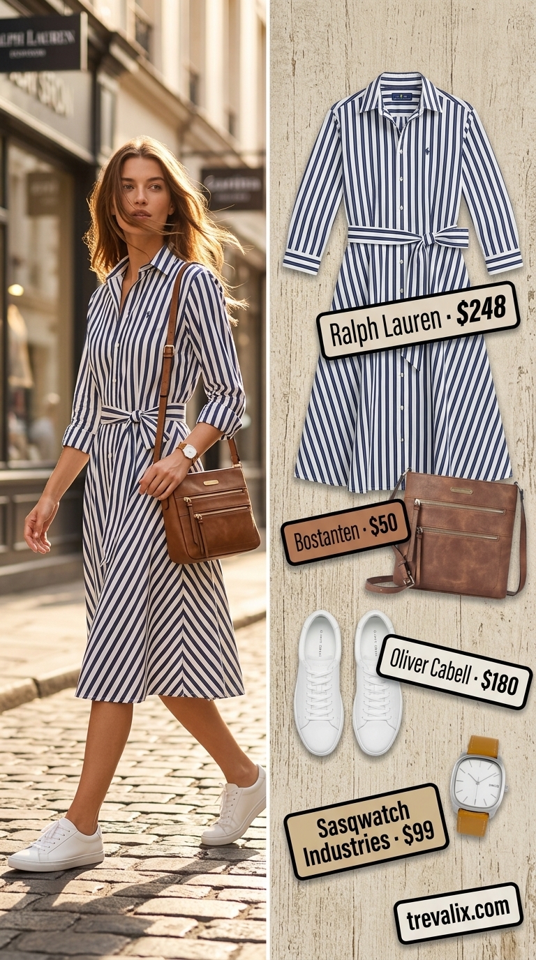 Navy and white striped shirt dress for women 2026, classic and comfortable for weekend errands or travel. Casual style with sneakers.