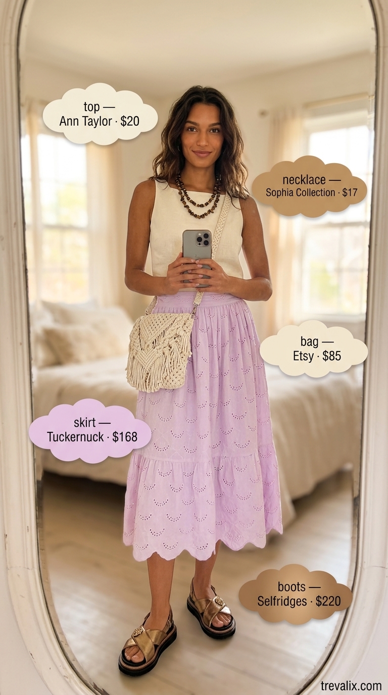 Summer Skirt Outfits 2026: Art Gallery Lavender eyelet lace midi skirt outfit for art gallery 2026. Ivory tank, woven bag, bronze sandals.