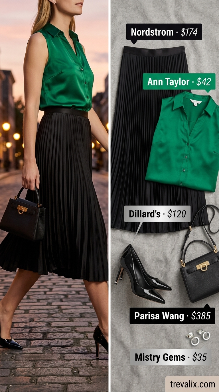 Chic Skirt Outfits 2026: Cocktail Hour Chic black midi skirt outfit for summer 2026, ideal for cocktail hour and dinner dates.