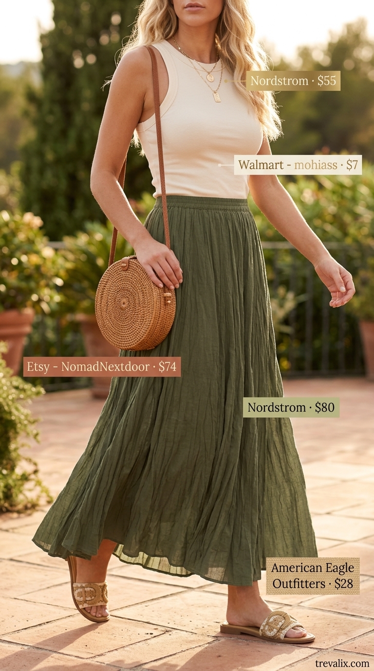Bohemian Skirt Outfits 2026: Concert Style Bohemian olive green maxi skirt outfit for summer 2026, perfect for concerts and beach dinners.