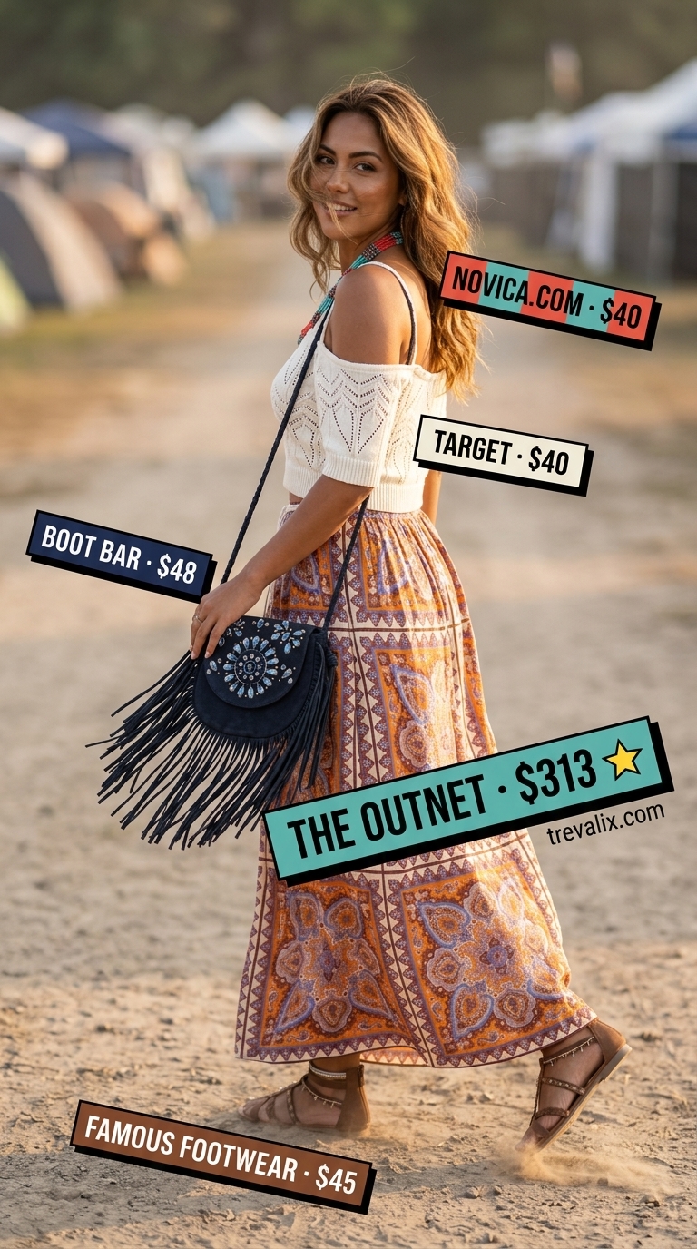 Boho Skirt Outfits 2026 Earthy orange paisley print maxi skirt outfit for music festival, vacation, bohemian style. Summer skirt outfits ideas 2026.