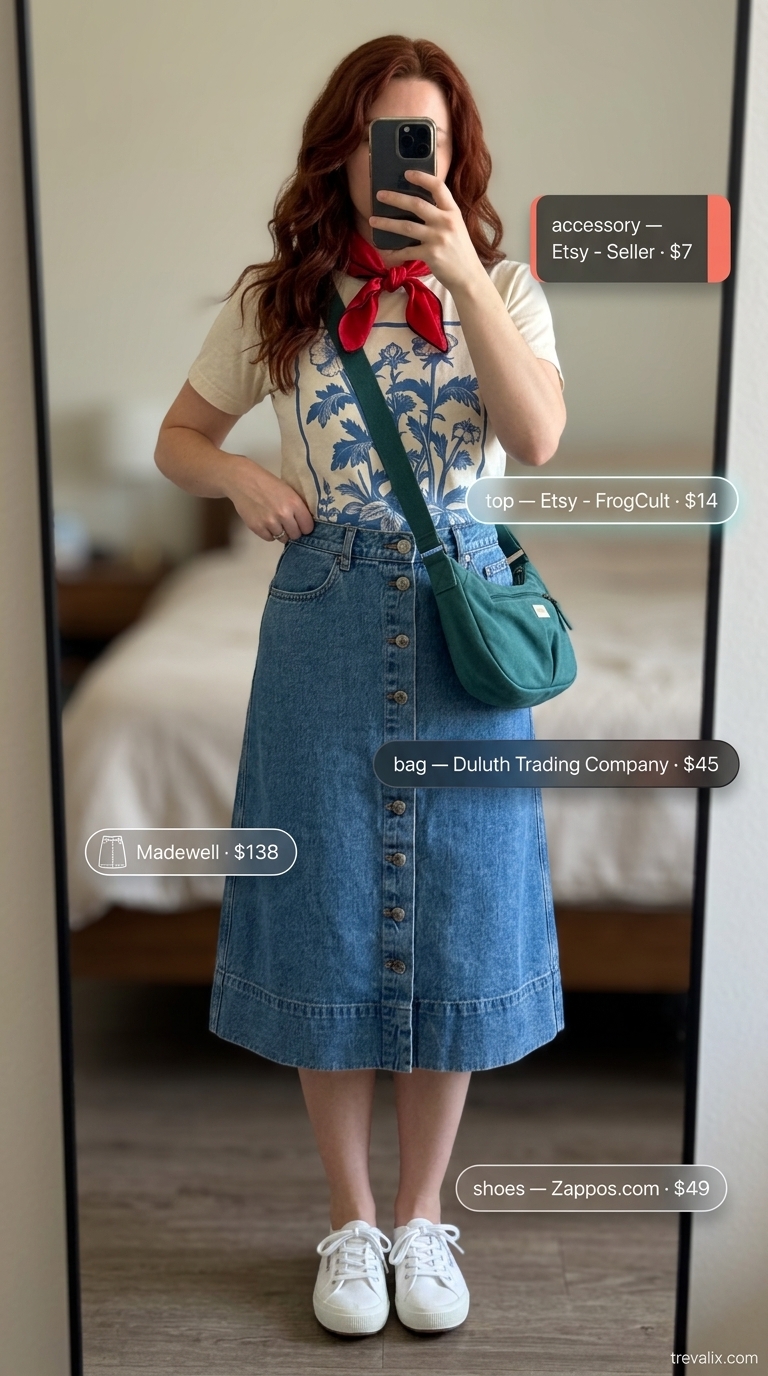 Casual Skirt Outfits 2026 Light wash denim A-line midi skirt outfit for casual lakeside lunch, brunch, park stroll. Summer skirt outfits ideas 2026.