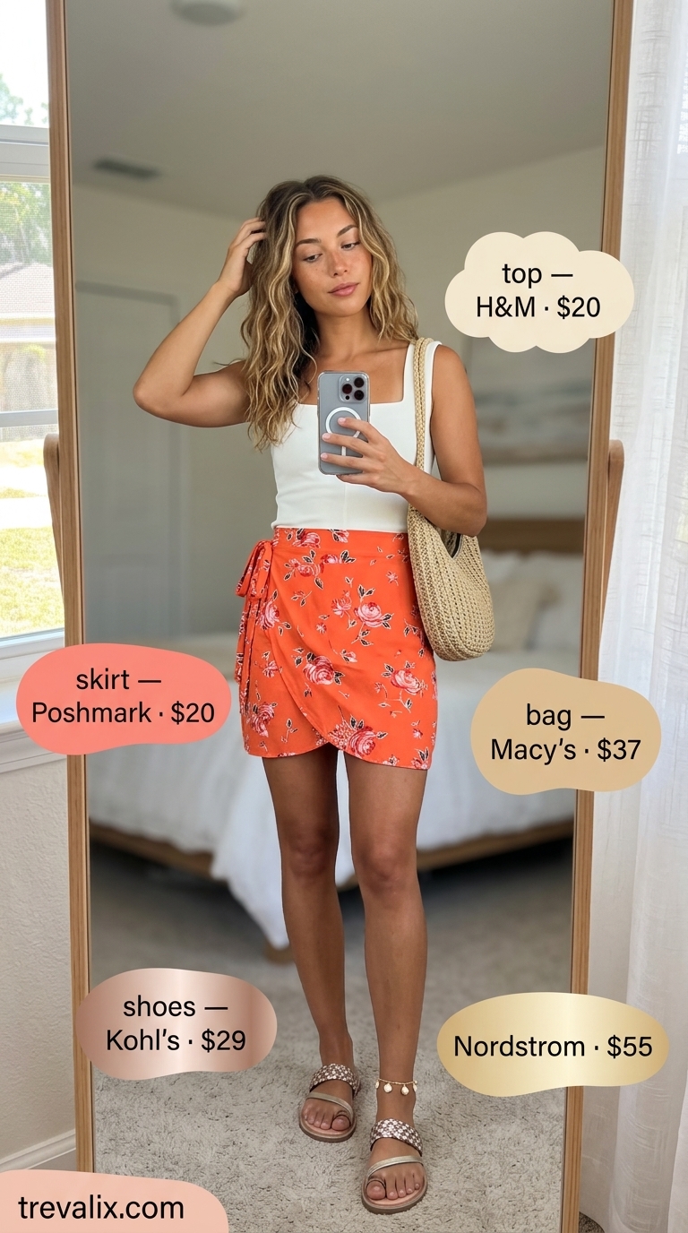 Effortless Skirt Outfits 2026: Beach Brunch Effortless coral floral wrap mini skirt outfit for summer 2026, perfect for beach brunch.