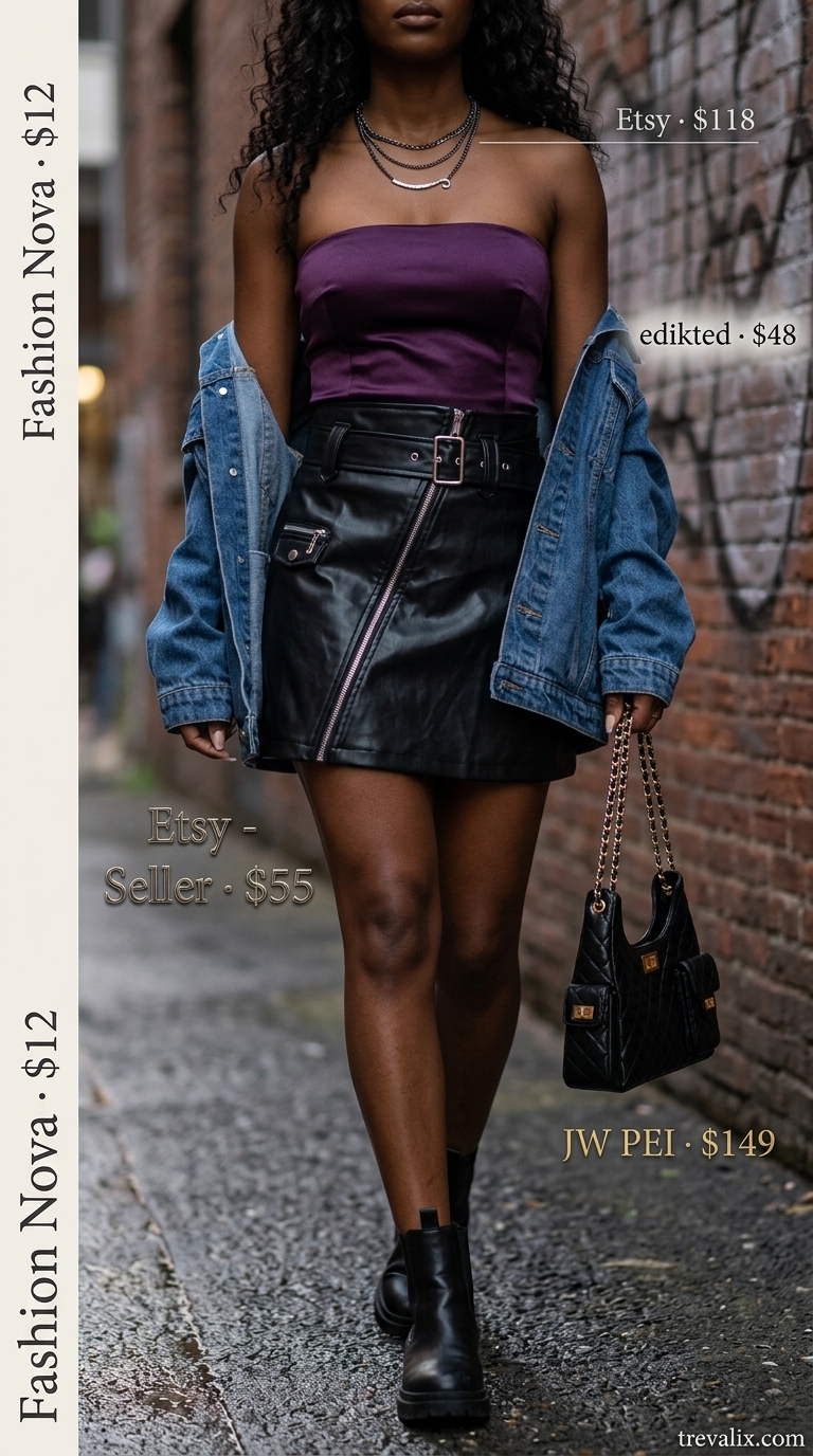 Summer Skirt Outfits 2026: Edgy Night Out Black faux leather mini skirt outfit for edgy night out 2026. Purple corset top, denim jacket.