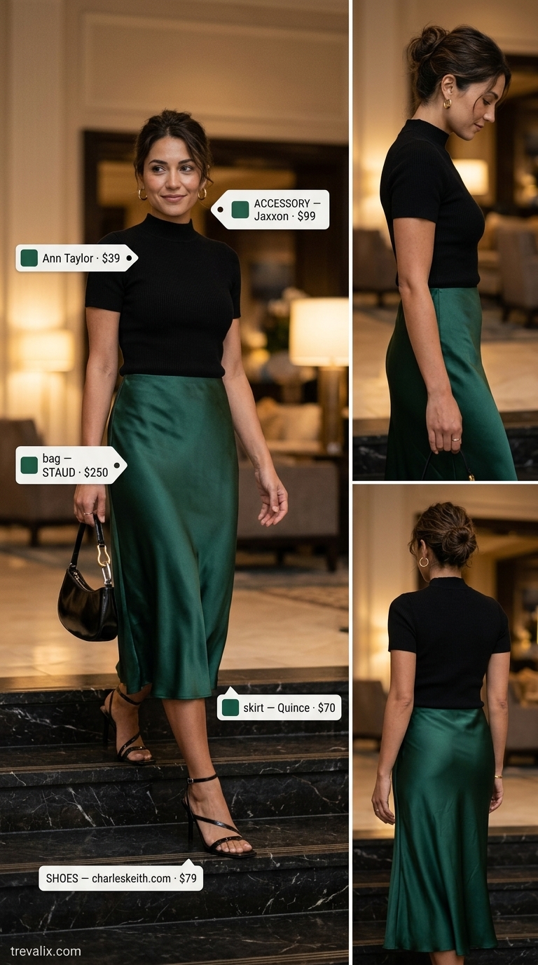 Sleek Skirt Outfits 2026: Date Night Sleek emerald green midi skirt outfit for summer 2026, ideal for date nights and cocktails.