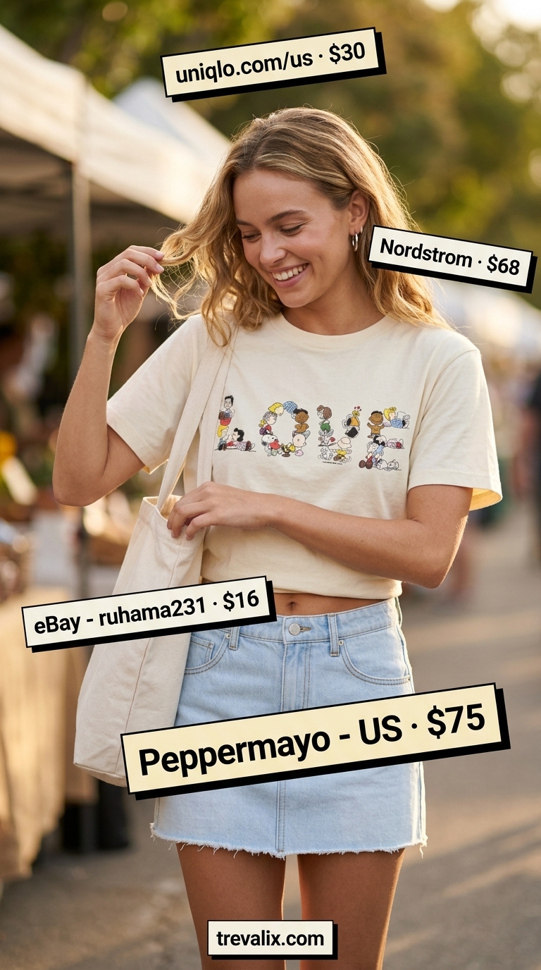 Denim Skirt Outfits 2026 Light wash denim A-line mini skirt outfit for farmers market, casual day out, youthful style. Summer skirt outfits ideas 2026.