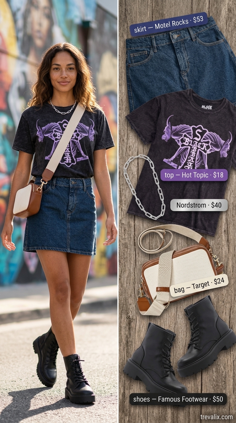 Summer Skirt Outfits 2026: Festival Ready Denim mini skirt outfit for festival 2026. Graphic tee, combat boots, canvas bag.
