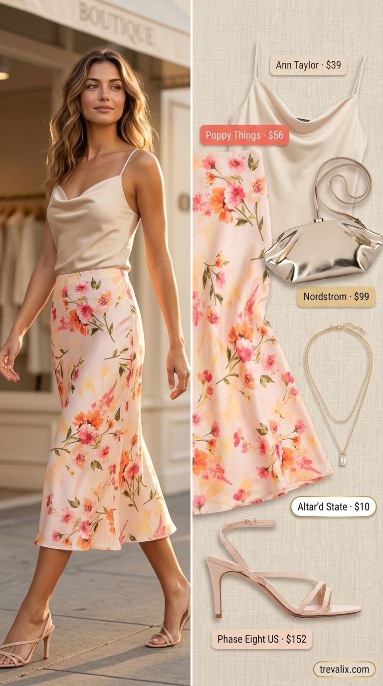 Summer Skirt Outfits 2026: Garden Affair Blush pink floral slip skirt outfit for garden party 2026. Cowl neck cami, gold sandals.