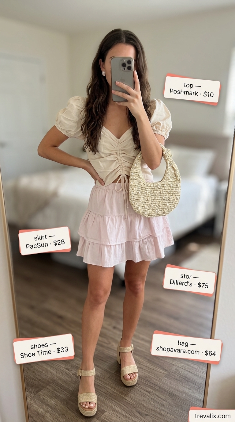 Garden Party Skirt Outfits 2026 Blush pink tiered ruffle mini skirt outfit for garden party, bridal shower, baby shower. Summer skirt outfits ideas 2026.